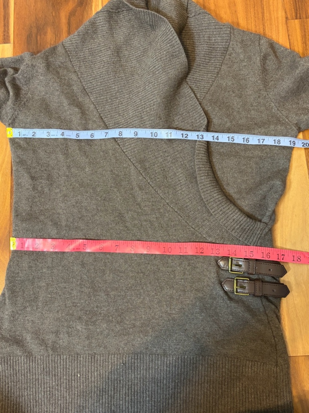 Angora Blend Taupe Wrap Sweater Buckle Detail. Elevated Cozy Chic - Picture 5 of 8